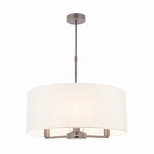 Daley 3 Light Multi Arm Ceiling Pendant Matt Nickel, Cylindrical Vintage White Silk Effect Shade, E14