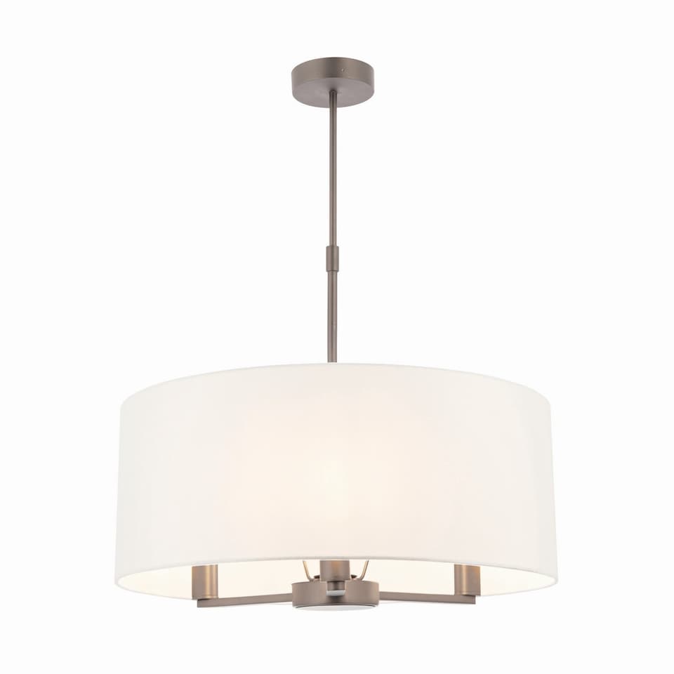 image 1 of Daley 3 Light Multi Arm Ceiling Pendant Matt Nickel, Cylindrical Vintage White Silk Effect Shade, E14