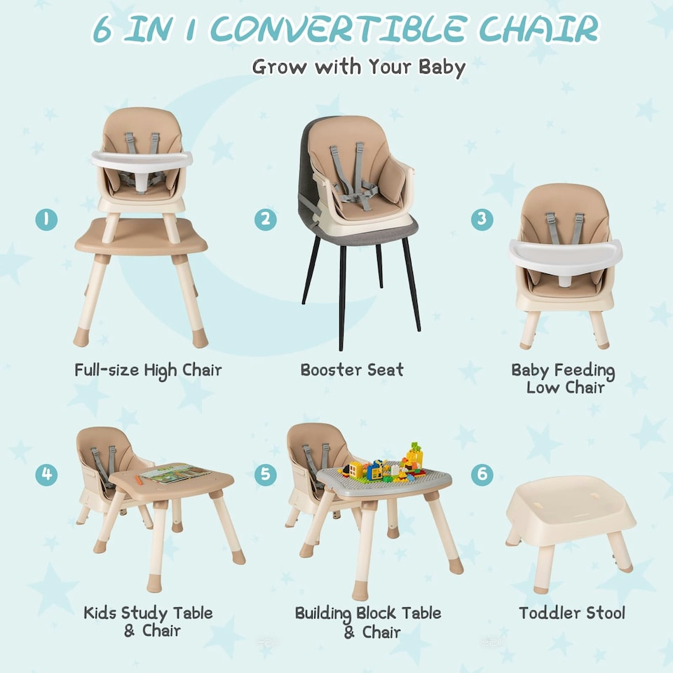 image 1 of COSTWAY 6-in-1 Baby High Chair Convertible Feeding Chair-khaki