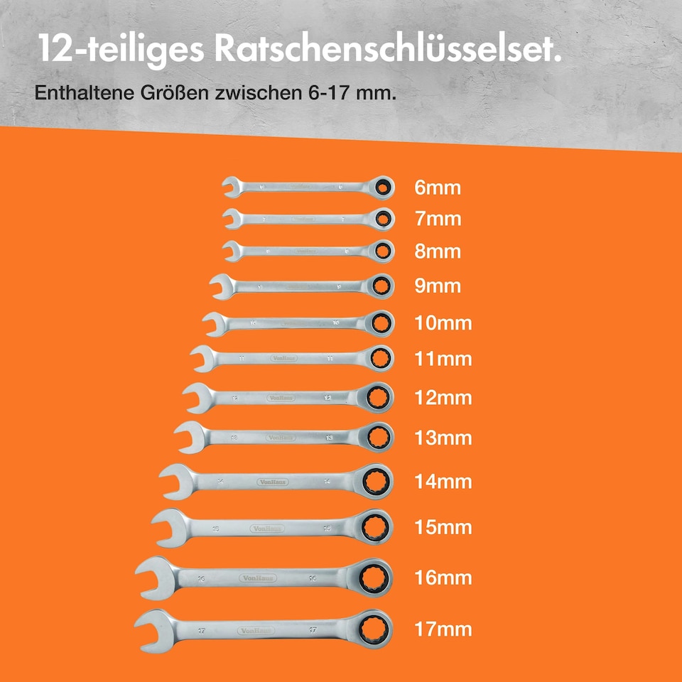 image 1 of VonHaus 12 Piece Ratchet Spanner Set with Carry Case for Home, Bike, and Car Repairs