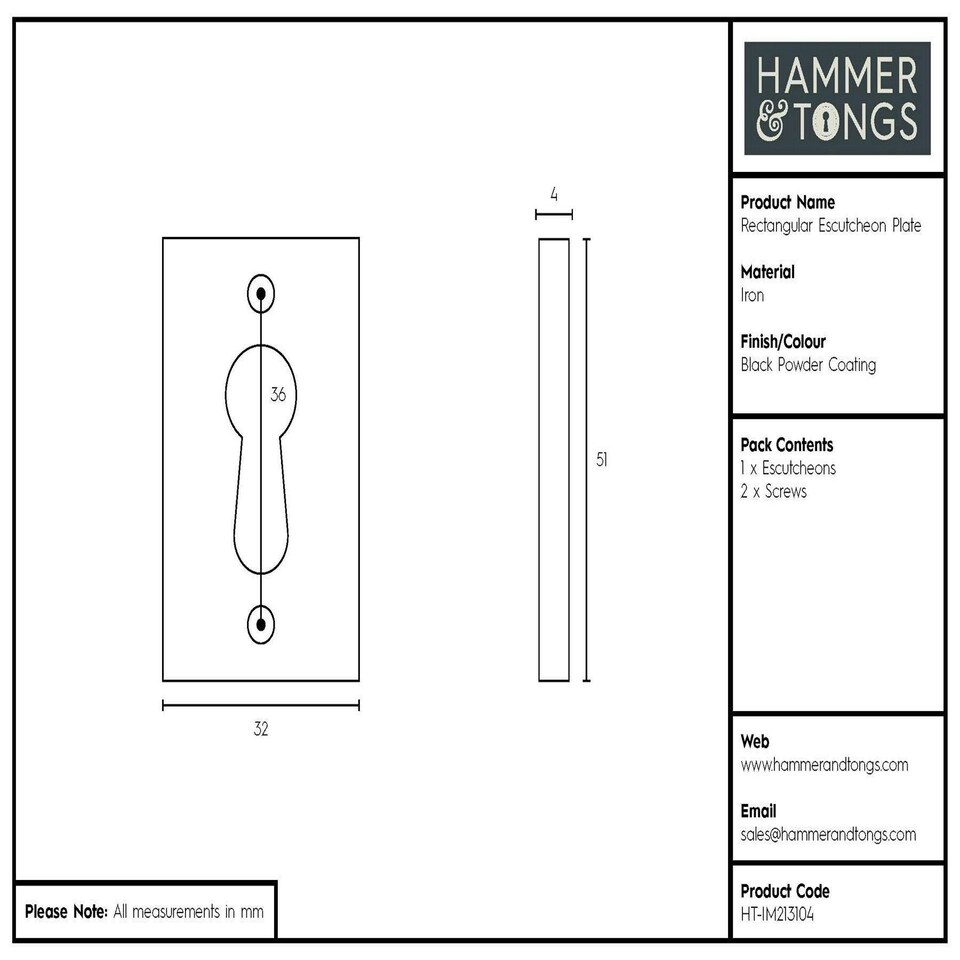 image 1 of Hammer & Tongs Rectangular Escutcheon Plate - W30mm x H50mm - Black