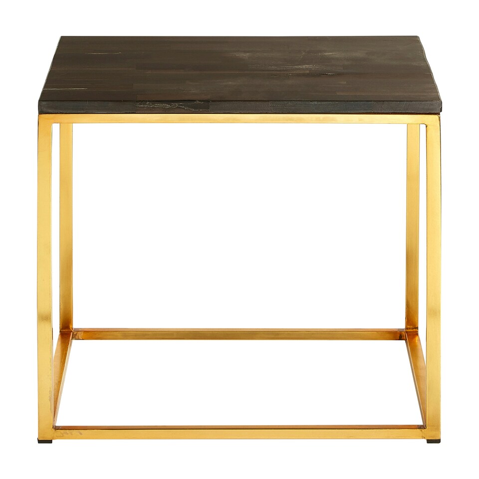 image 1 of Steel Base Dark Petrified Wood Square Side Table, Wooden Top Small Bedside Table, Rustic Side Table Gold