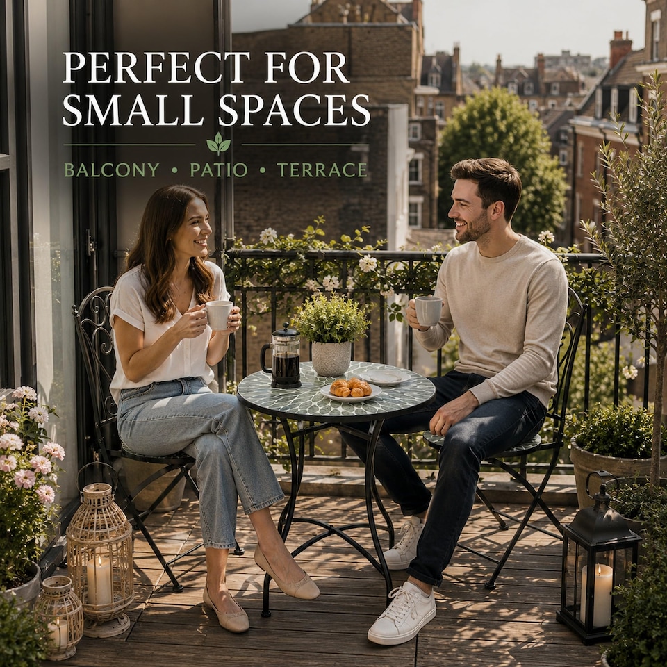 image 1 of Leaf Mosaic Bistro Set with Folding Chairs, Ceramic Top Outdoor Table and Two Seat Garden Furniture for Patio and Balcony
