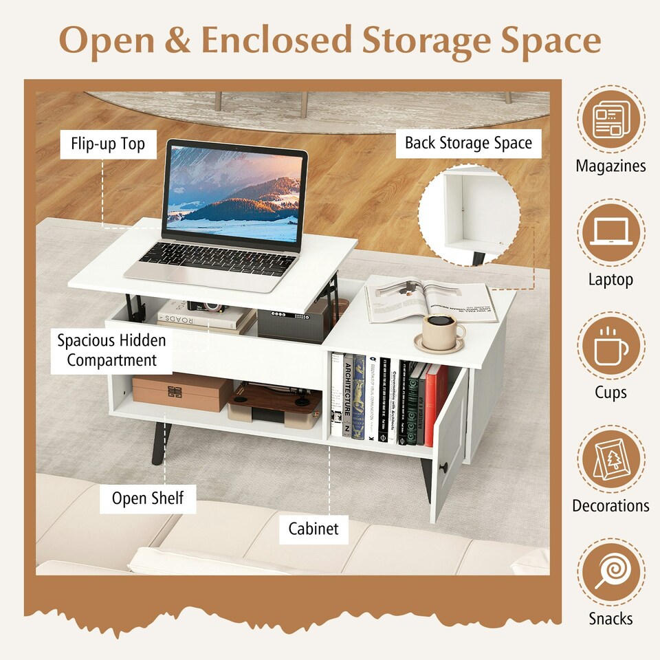 image 1 of COSTWAY Lift Top Coffee Table w/Hidden Compartment White White