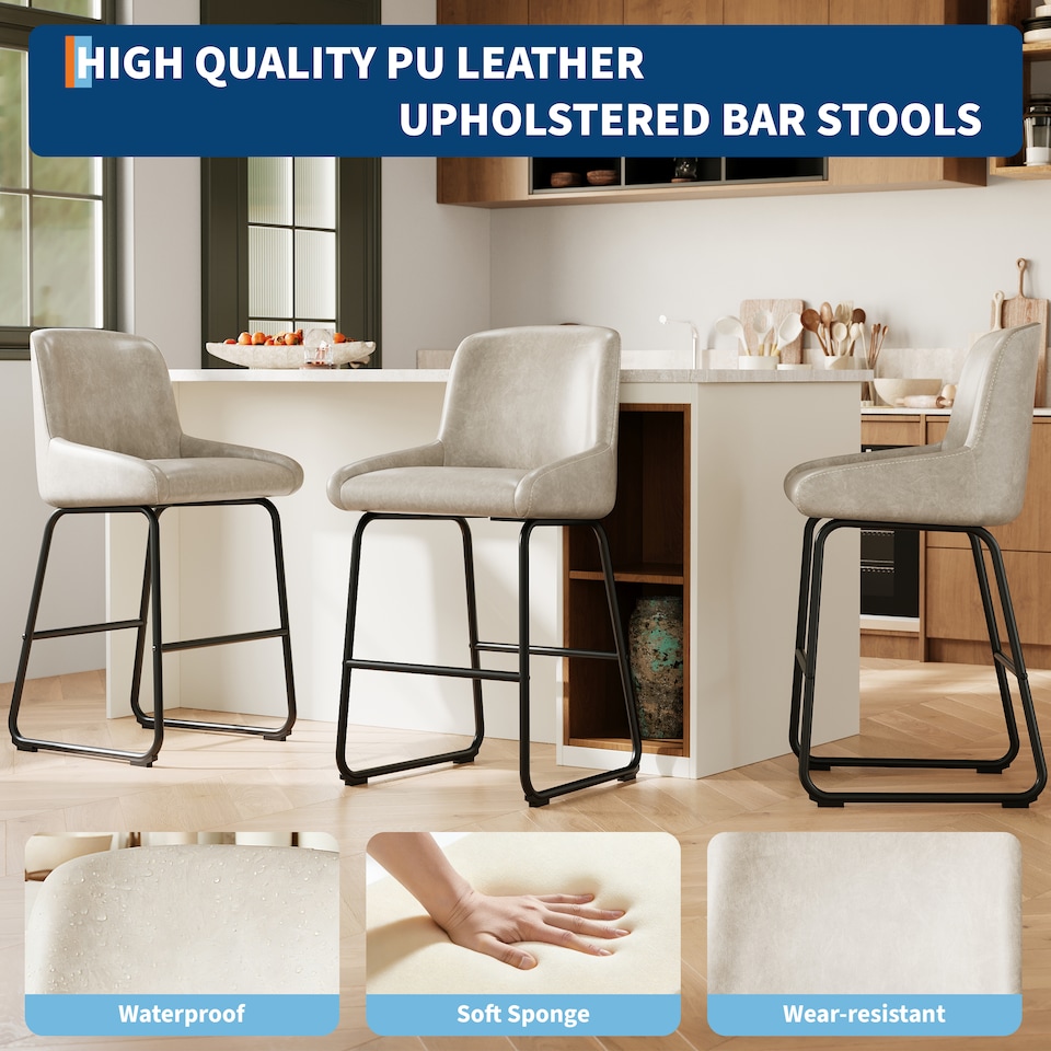 image 1 of 4PCS PU Leather Bar Stools with Metal Frame Backrest and Footrest - Light Grey