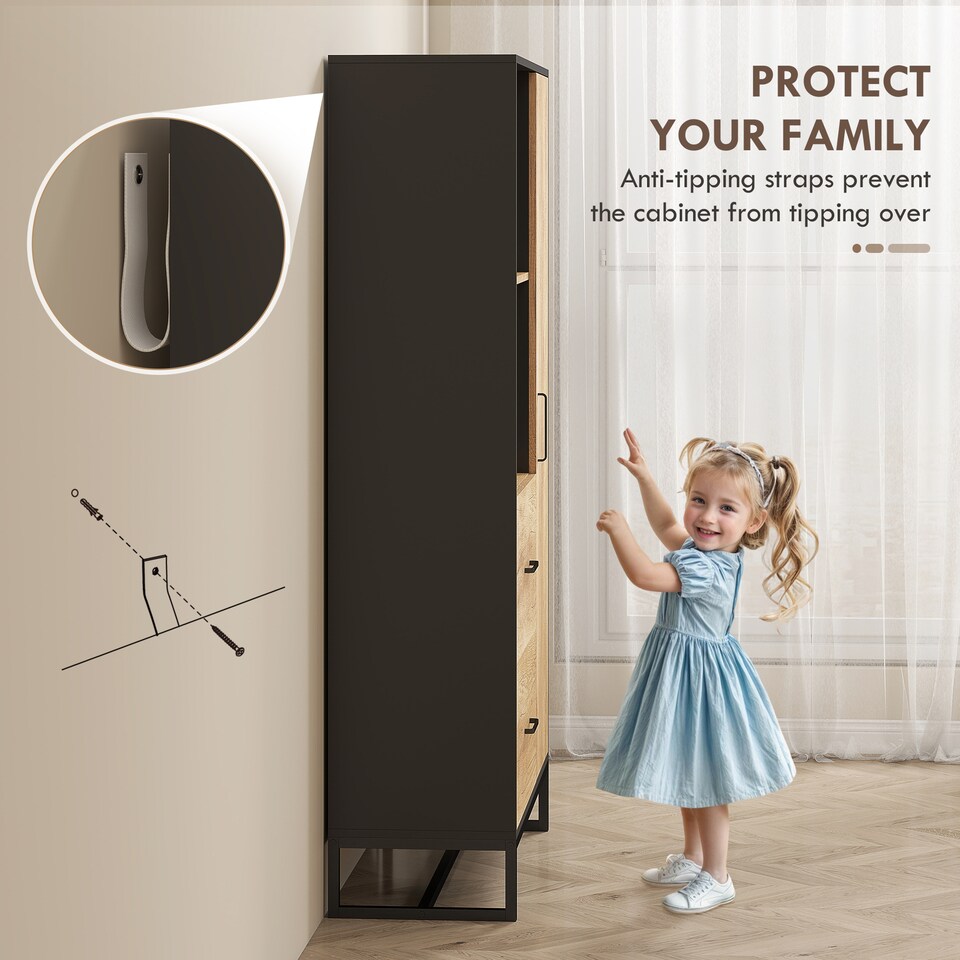 image 1 of HOMCOM 160cm Tall Kitchen Cupboard, Kitchen Pantry Sideboard with 2 Open Shelves, 2 Drawers, Adjustable Shelves and Soft Close Door, Storage Cabinet for Living Room, Dinning Room, Natural Wood Finish