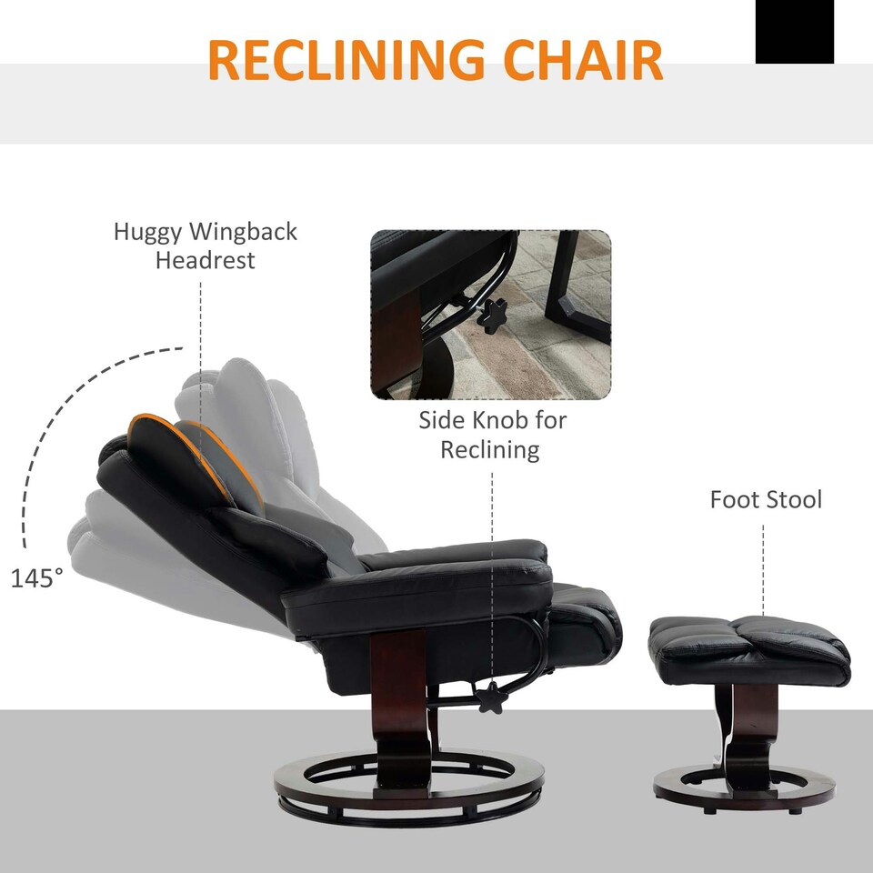 image 1 of HOMCOM PU Leather Manual Reclining Armchair Footstool Padded Seat Black