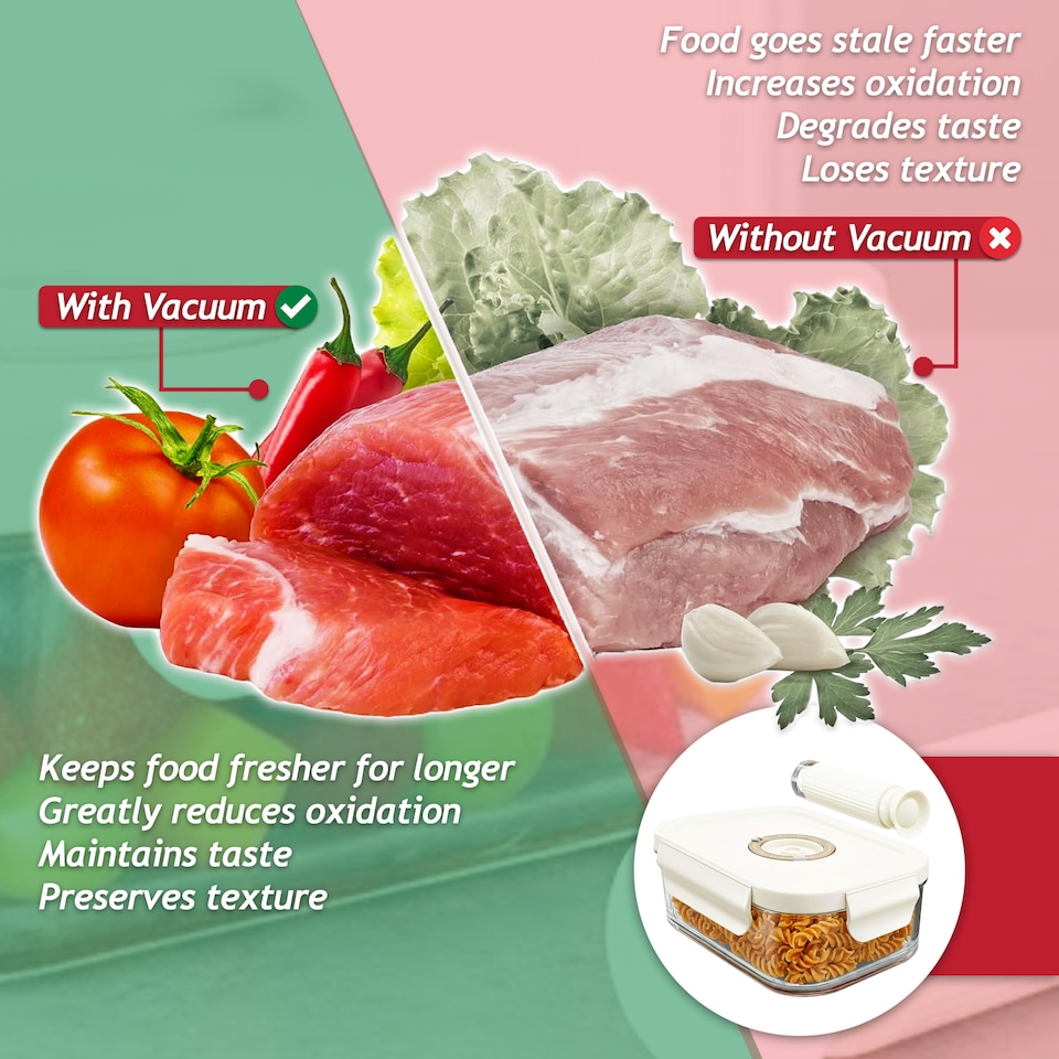 image 1 of SPARES2GO Vacuum Food Storage Glass Container with Securing Clips Lid + Manual Sealing Pump (Medium, 1040ml)