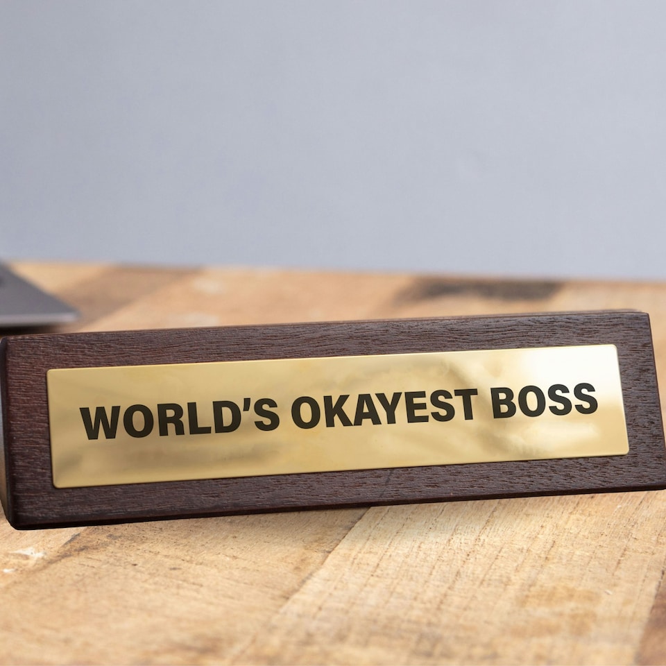 image 1 of Wooden Desk Sign - World's Okayest Boss