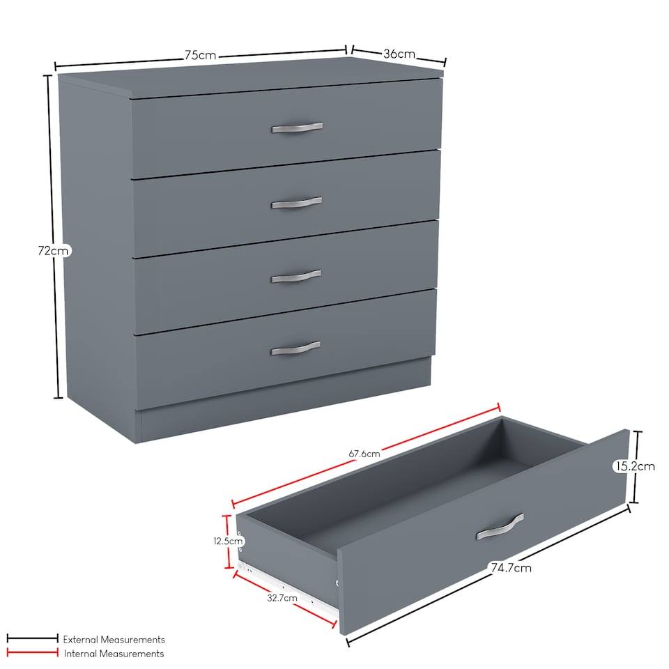 image 1 of Vida Designs Riano 3 Piece Bedroom Set (1 Drawer Bedside Chest, 4 Drawer Chest, 2 Door Wardrobe), Grey (4)