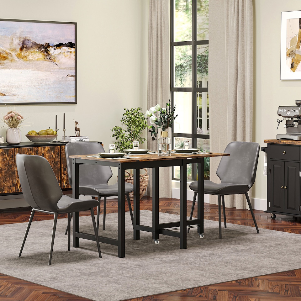 image 1 of HOMCOM Folding Dining Table, Industrial Drop Leaf Table with Wheels and Metal Frame for Kitchen, Dining Room, Space Saving, Rustic Brown