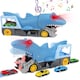 image 1 of Shark Devour Transporter Toy Truck - Push-and-Go Vehicle with Slide-Off Ramp, Roaring Sounds, Lights & 4 Mini Cars, Realistic Shark-Head Design for Kids Ages 3-7