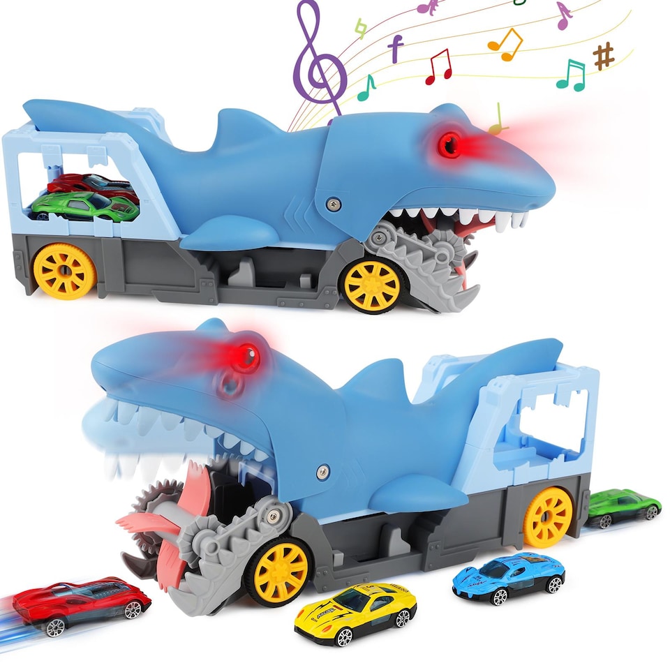image 1 of Shark Devour Transporter Toy Truck - Push-and-Go Vehicle with Slide-Off Ramp, Roaring Sounds, Lights & 4 Mini Cars, Realistic Shark-Head Design for Kids Ages 3-7