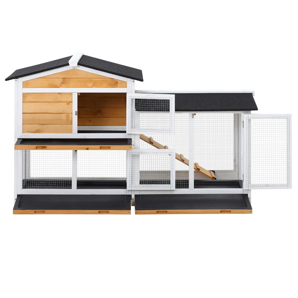 image 1 of PawHut Rabbit Hutch, Guinea Pig Hutch Wooden 2-Tier Cage w/Run, Yellow