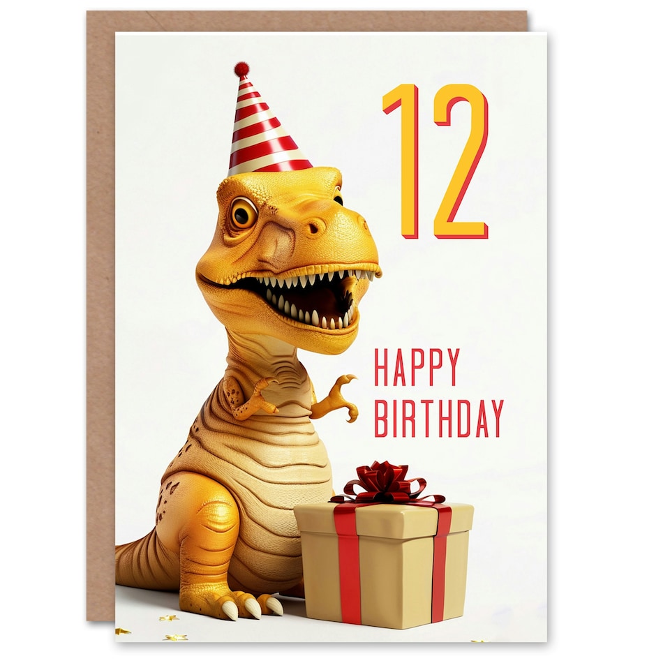 image 1 of T-Rex Dinosaur Party Hat Kids Age 12 Year Child Kids 12th Birthday Card