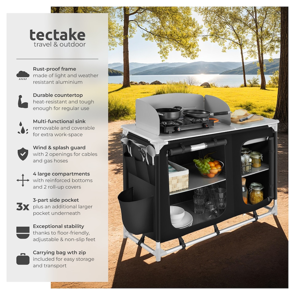 image 1 of Camping Kitchen - foldable with 4 compartments, aluminium frame | Black | black | 116 x 52 x 107 cm | 1