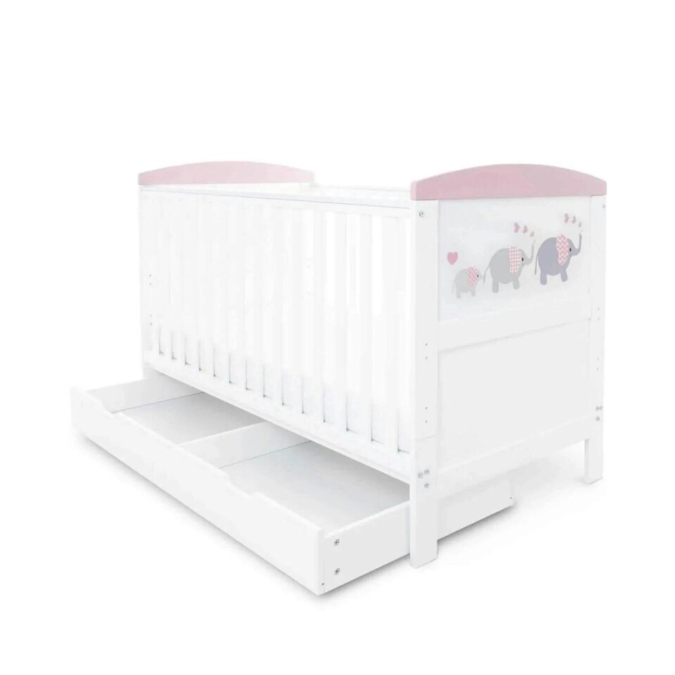 image 1 of Ickle Bubba Coleby Style Cot Bed with Under Drawer Elephant Love Pink - Premium Sprung Mattress