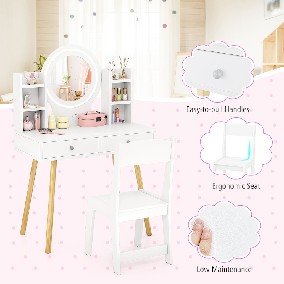 image 1 of COSTWAY Kids Vanity Set Princess Vanity Desk Set White