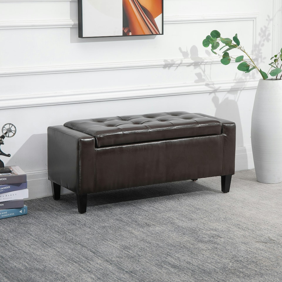 image 1 of HOMCOM 40x90cm PU Leather Storage Ottoman Bench Wood Frame w/ Tufting Feet Brown