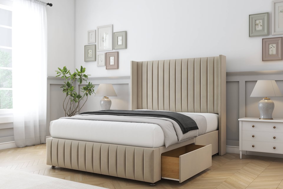 image 1 of Sloomy Marlborough Almond Coniston Divan Bed With Mattress 2 Drawers Footend With 54" Wingback Headboard & 12" Matching Footboard 6' Super King | Cream | Almond | Super King | 1