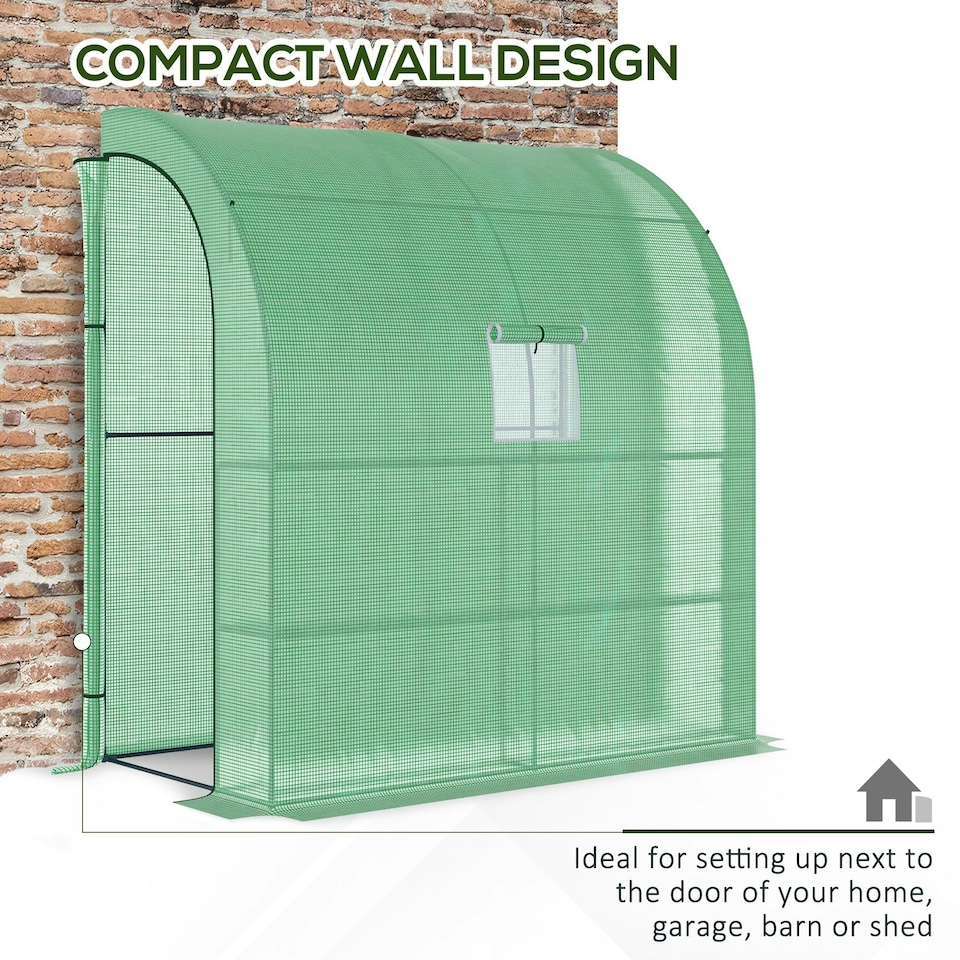 image 1 of Outsunny Walk-In Lean to Wall Greenhouse w/Window&Door 200Lx 100W x 215Hcm Green