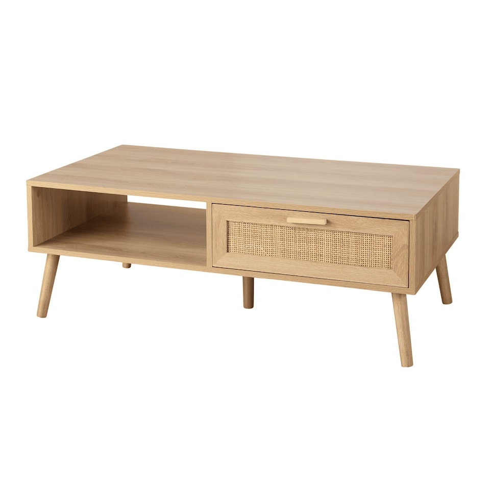 image 1 of Coffee Table Rattan Front Drawer Open Shelf Solid Wooden Legs Home Living Room