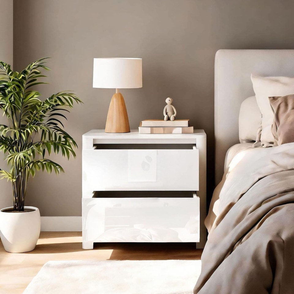 image 1 of Ardenza White High Gloss 2 Drawer Bedside Cabinet Bedroom Storage Unit