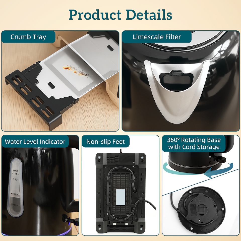 image 1 of HOMCOM Kettle and Toaster Set, 1.7L 3000W Rapid Boil Jug Kettle with Otter Thermostat, Limescale Filter, 2 Slice Toaster with 7 Browning Controls, Crumb Tray, Black | Black