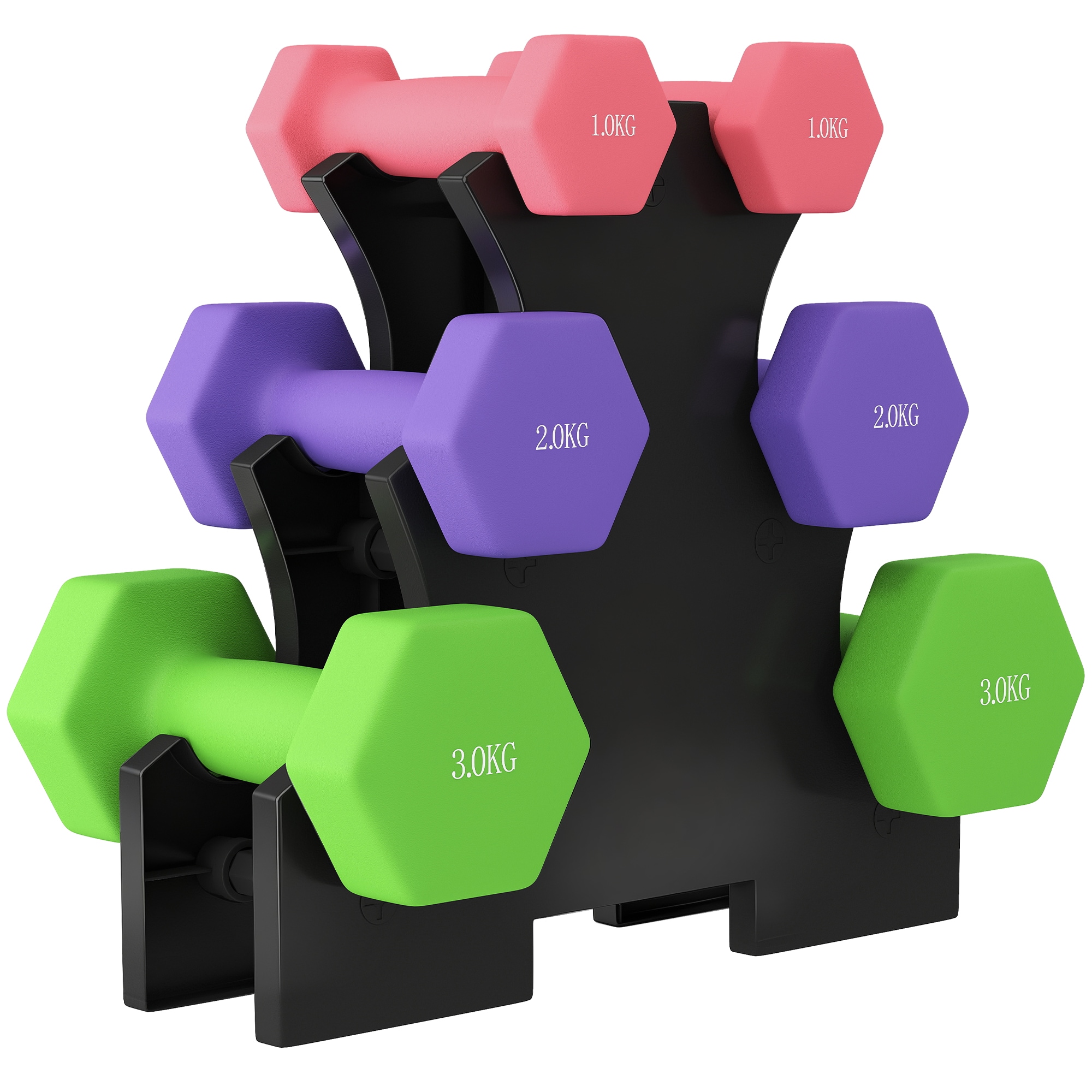 SPORTNOW Hex Dumbbells Set with Dumbbell Rack, 2 x 1kg, 2 x 2kg, 2 x 3kg | Multi | Pink, Green, Purple | 30L x 8W x 27H cm