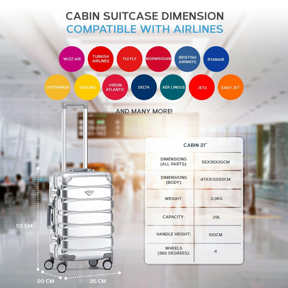 image 1 of Flight Knight Premium Travel Suitcase - 8 Wheels Built-in TSA Lock Aluminium Frame, ABS Hard Shell Carry on Check in Luggage - 100+ Airlines Approved Silver | Aluminium | Cabin Bag