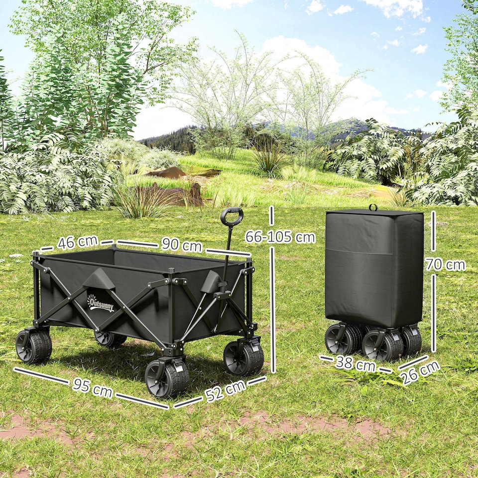 image 1 of Outsunny Foldable Garden Cart, Outdoor Utility Wagon with Carry Bag, Black