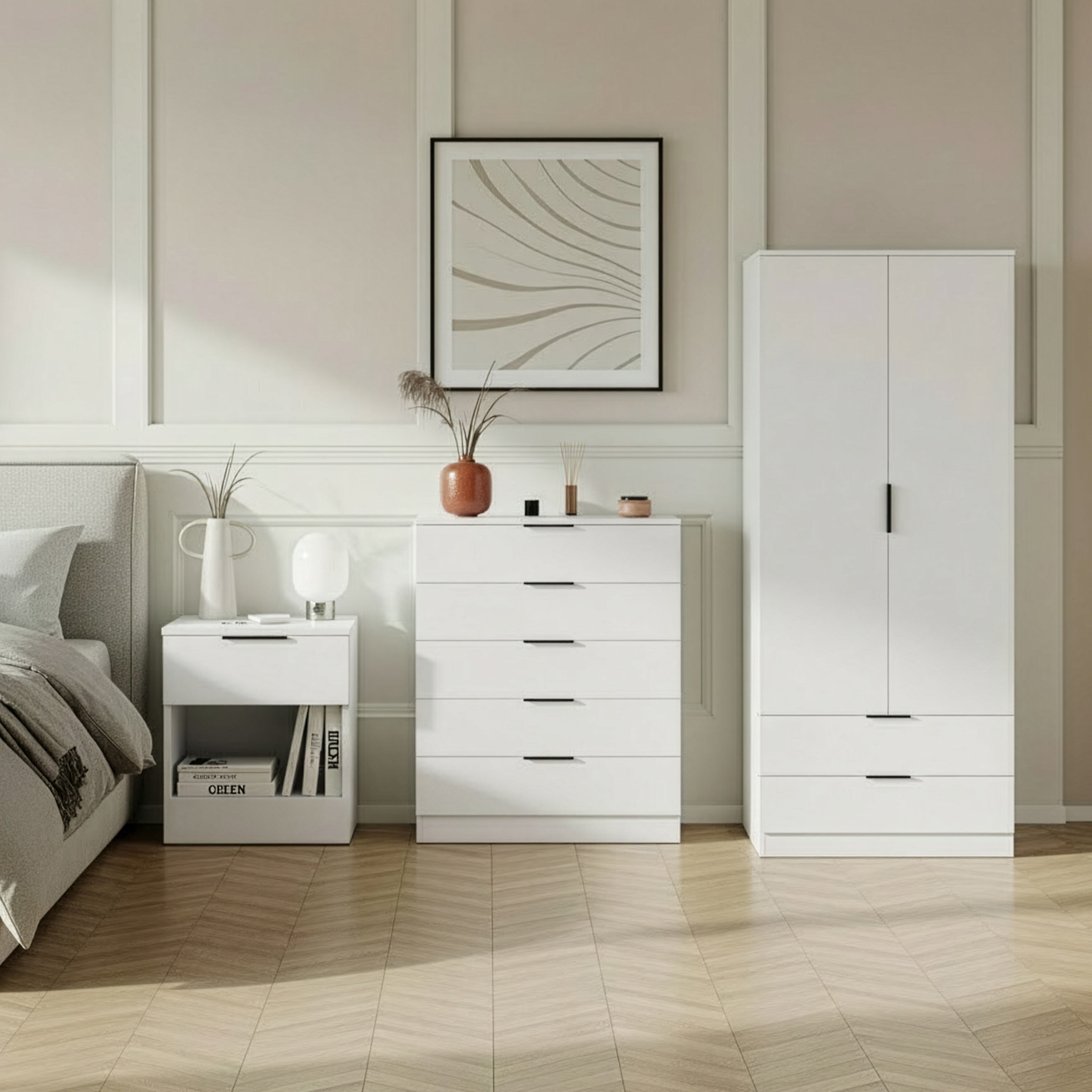 Vida Designs Trega 3 Piece Bedroom Set (1 Drawer Bedside Chest, 5 Drawer Chest, 2 Door 2 Drawer Wardrobe) White