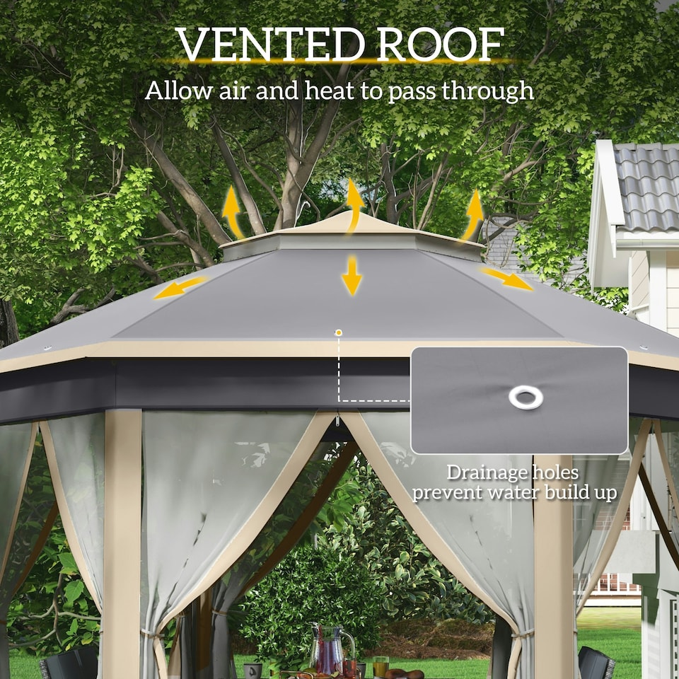 image 1 of Outsunny 3x4m Hexagon Gazebo w/ Mesh Curtains Outdoor Garden, Khaki