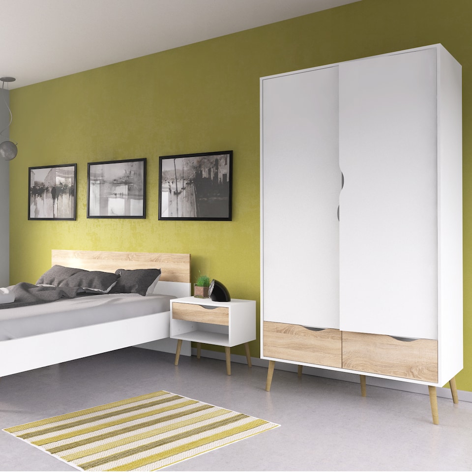 image 1 of Oslo Package - Bedside 1 Drawer + Chest of 5 Drawers (2+3) + Wardrobe 2 Doors 2 Drawers in White and Oak
