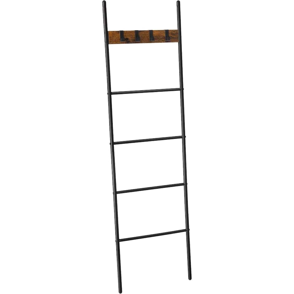 image 1 of Leaning Ladder Shelf with Towel Rack, 5-Tier Display Stand and Hooks, Space-Saving Storage, Rustic Brown and Black