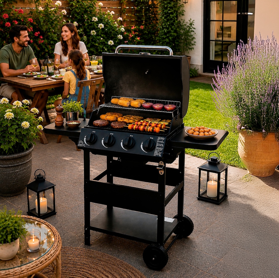 image 1 of 4 Burner Steel Gas BBQ Grill Outdoor Side Shelves Rack Bottle Opener & Regulator Kit