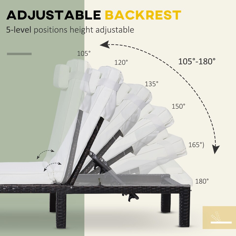 image 1 of Outsunny Rattan Sun Lounger, 5-Level Adjustable Garden Lounger Recliner with Cushion and Headrest, Outdoor Reclining Sunbed, Steel Frame Garden Chair for Patio, Beach, Terrace, Cream White