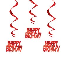 Red Happy Birthday Script Hanging Swirl Decorations - Pack of 3