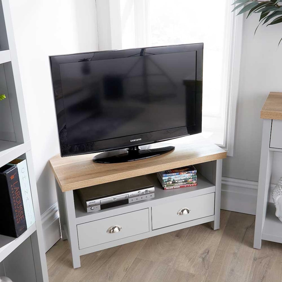 image 1 of Grey Oak Corner TV Stand Two Tone 1 Drawer Cabinet Television Unit Cable Tidy