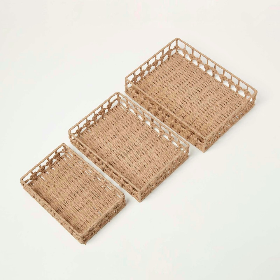 image 1 of Homescapes Set of 3 Natural Woven Rectangle Storage Trays Cream