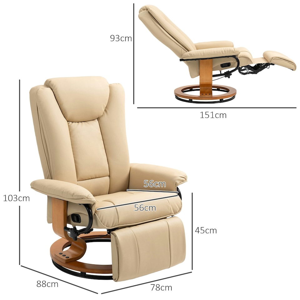 image 1 of HOMCOM PU Leather Reclining Armchair with Footrest for Living Room, Beige Cream | Yellow Wood Tone Base