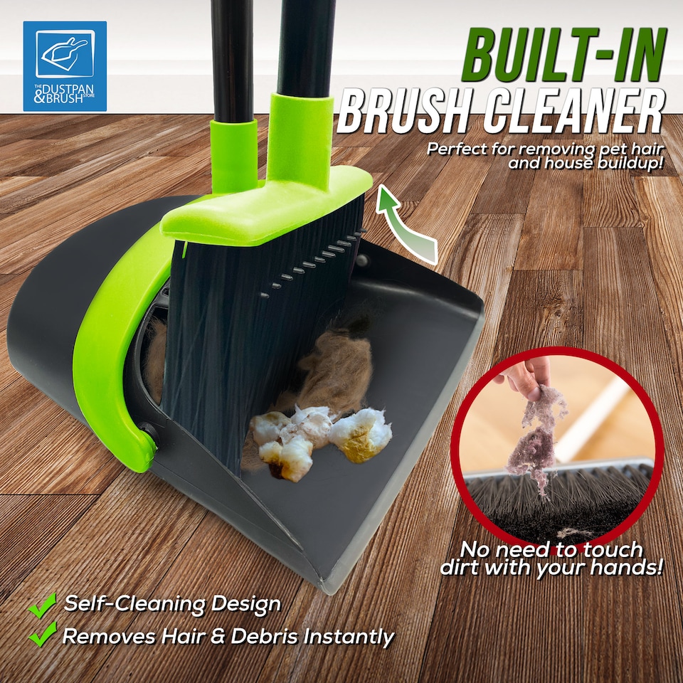 image 1 of Long Handled Dustpan and Brush Set Upright Sweeping Broom with Built-In Bristle Cleaner
