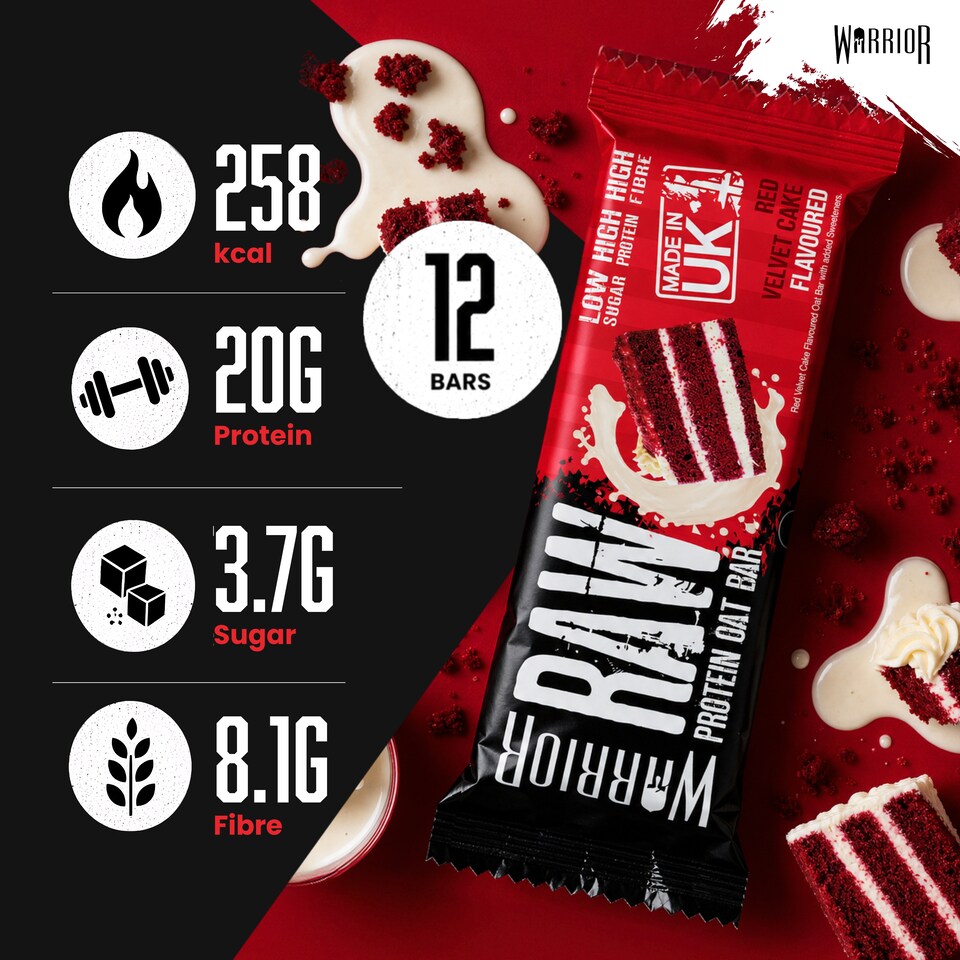 image 1 of Warrior RAW Protein Bars 12 x 75g – 20g High Protein Bar, Low Sugar High Fibre Oat Protein Flapjack – Protein Snacks, Meal Replacement Bars (Red Velvet Cake)