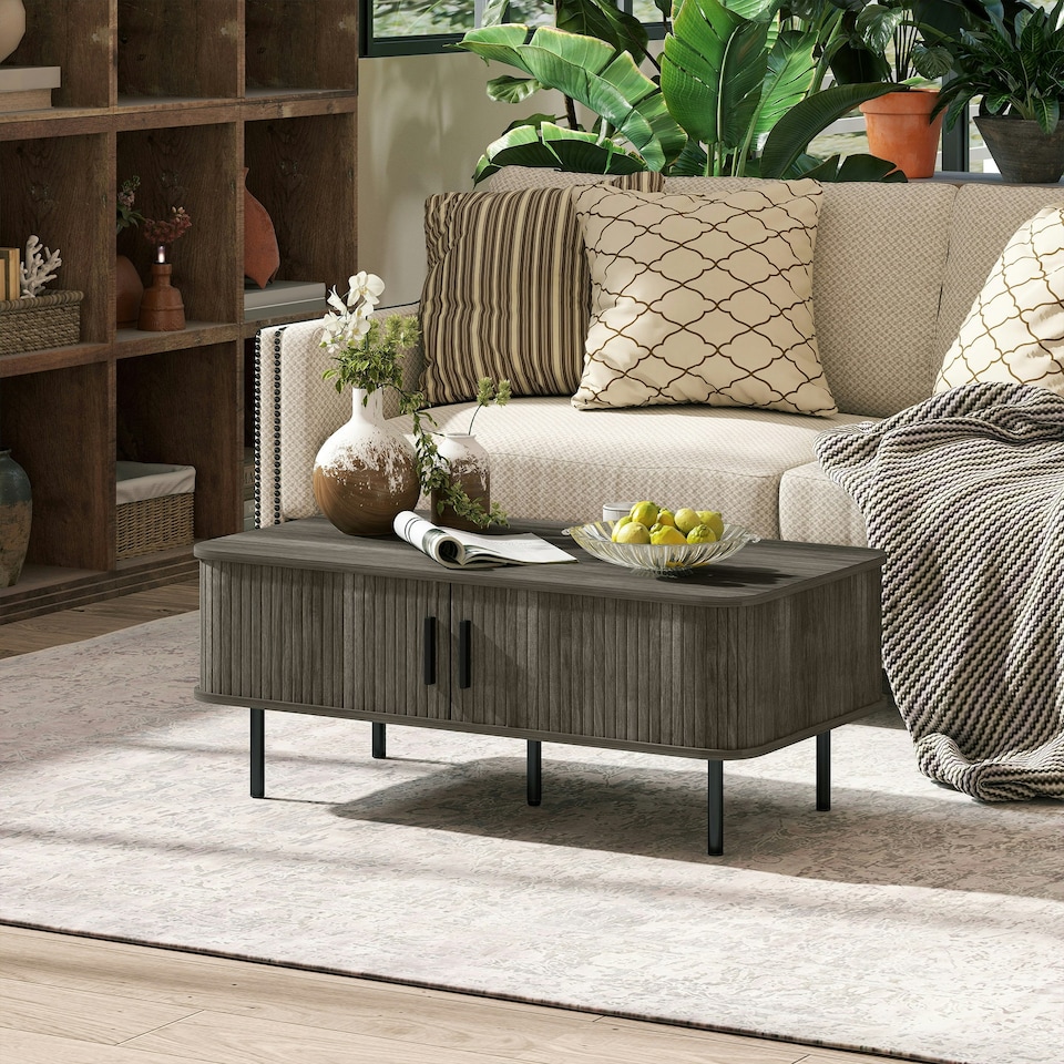 image 1 of HOMCOM Coffee Table with Storage and Sliding Doors for Living Room Brown