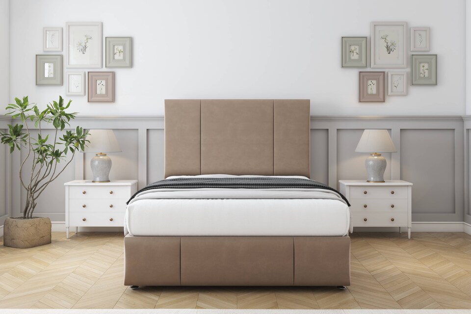 image 1 of Sloomy Lisbon Mink Plush Divan Bed With Mattress 2 Drawers Left Side With 54" Floor Standing Headboard & 12" Matching Footboard 5' King | Brown | Mink | King | 1