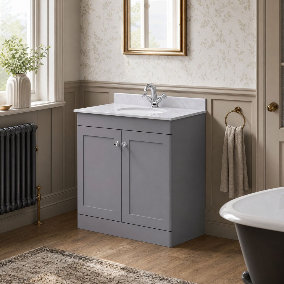image 1 of Balterley Swynnerton Traditional 2 Door Floor Standing Vanity Unit with Marble Basin, Satin Grey, 800mm