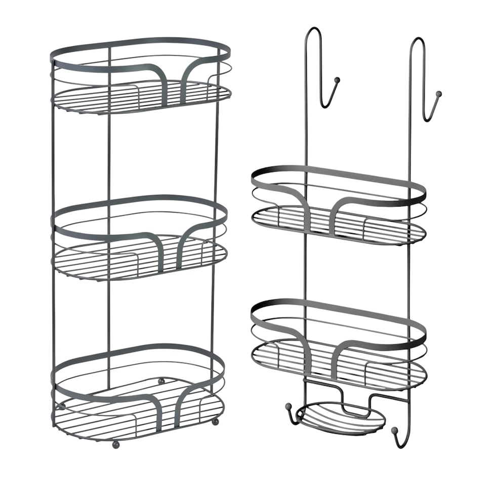 image 1 of Showerdrape Dante Anthracite Grey Floor Caddy and 2 Tier Over Door Hook Shower Caddy | Grey | Anthracite Grey | 1