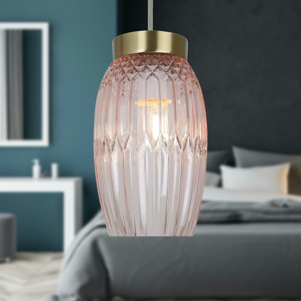 image 1 of First Choice Lighting Facet Antique Brass with Pink Faceted Glass Pendant Shade Pink | Bronze