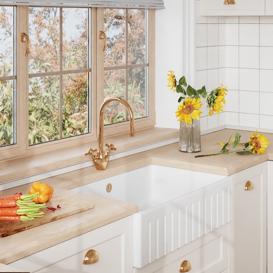 image 1 of Balterley Fireclay Kitchen Single Bowl Fluted Front Butler Sink - with Overflow | White | White | 1
