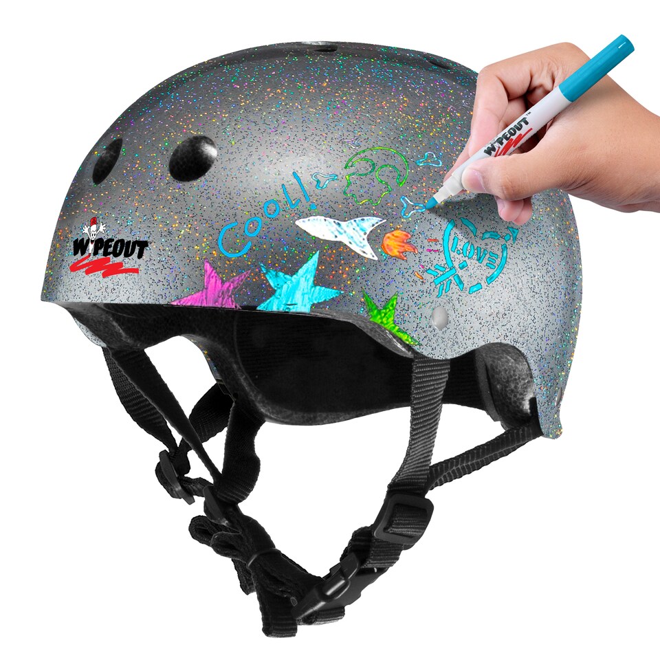 image 1 of Wipeout Dry Erase Kids Cycling Helmet - Silver Glitter 8+